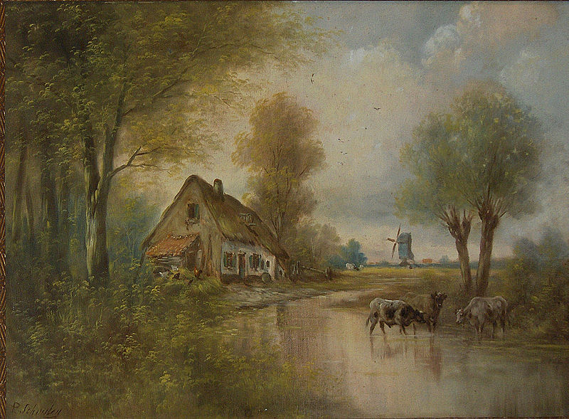 Landscape with cows, small farm and windmill